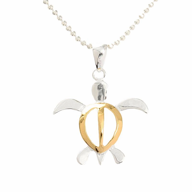 Sterling Silver Two-Tone Yellow Gold Honu (Hawaiian Turtle) Pendant (S/M/L/XL) (Chain Sold Separately)