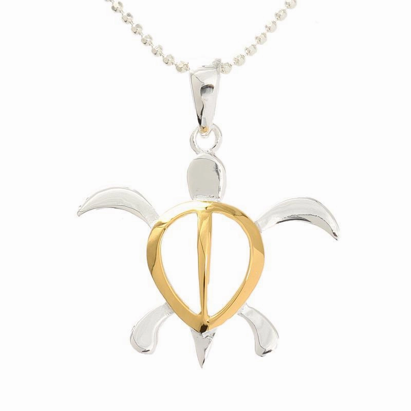 Sterling Silver Two-Tone Yellow Gold Honu (Hawaiian Turtle) Pendant (S/M/L/XL) (Chain Sold Separately)