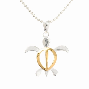 Sterling Silver Two-Tone Yellow Gold Honu (Hawaiian Turtle) Pendant (S/M/L/XL) (Chain Sold Separately)