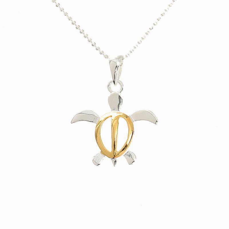 Sterling Silver Two-Tone Yellow Gold Honu (Hawaiian Turtle) Pendant (S/M/L/XL) (Chain Sold Separately)