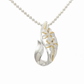 Sterling Silver Two-Tone Yellow Gold Plated 2 Plumeria with CZ Leaf Drop Pendant (Chain Sold Separately)