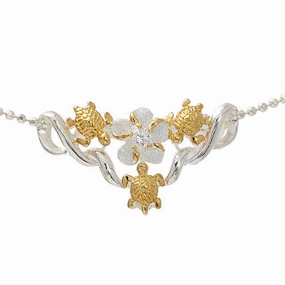 Sterling Silver Two Tone Yellow Gold Plated 3 Honu (Turtle) and Plumeria with CZ Slider Pendant (Chain Sold Separately)