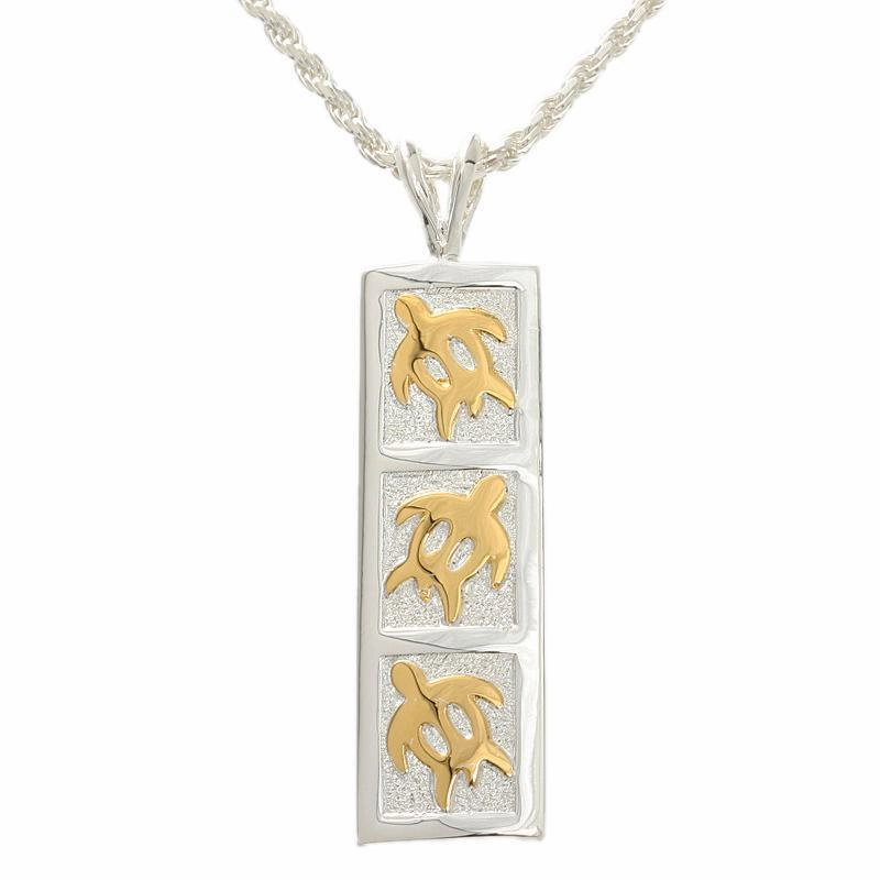 Sterling Silver Two Tone Yellow Gold Plated 3 Honu (Turtle) Vertical Pendant (8mm/10mm) (Chain Sold Separately)
