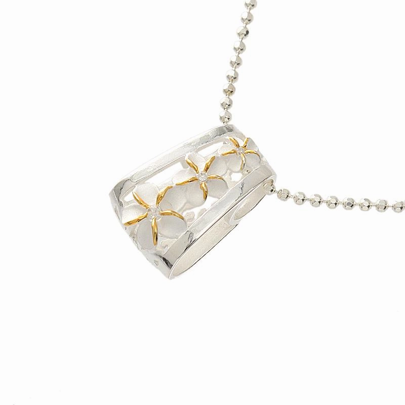 Sterling Silver Two Tone Yellow Gold Plated 3 Plumeria with CZ Oval Barrel Pendant (Chain Sold Separately)