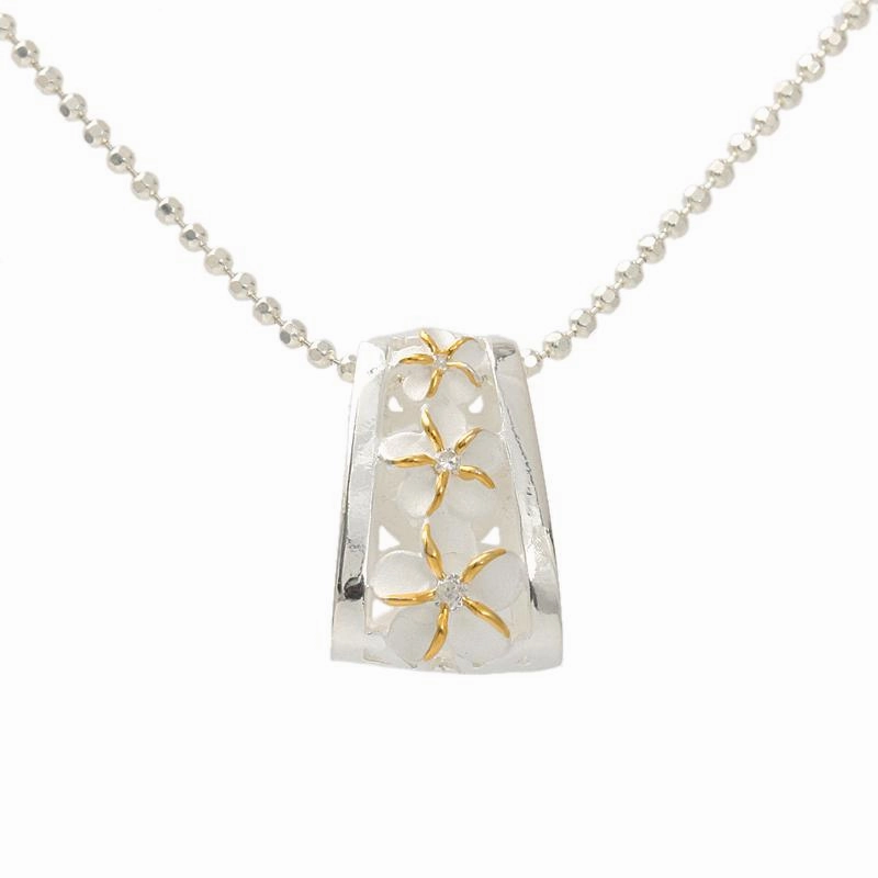 Sterling Silver Two Tone Yellow Gold Plated 3 Plumeria with CZ Oval Barrel Pendant (Chain Sold Separately)