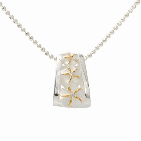 Sterling Silver Two Tone Yellow Gold Plated 3 Plumeria with CZ Oval Barrel Pendant (Chain Sold Separately)