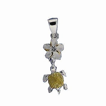 Sterling Silver Two Tone Yellow Gold Plated 6mm Plumeria with CZ and Honu (Turtle) Pendant (Chain Sold Separately)