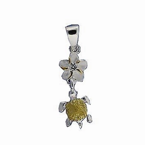 Sterling Silver Two Tone Yellow Gold Plated 6mm Plumeria with CZ and Honu (Turtle) Pendant (Chain Sold Separately)