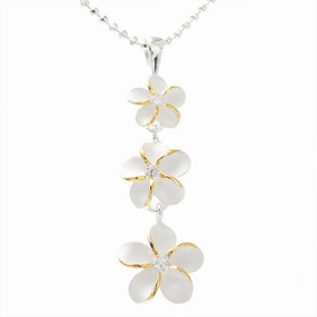 Sterling Silver Two Tone Yellow Gold Plated 8-10-12mm Plumeria with CZ Pendant (Chain Sold Separately)