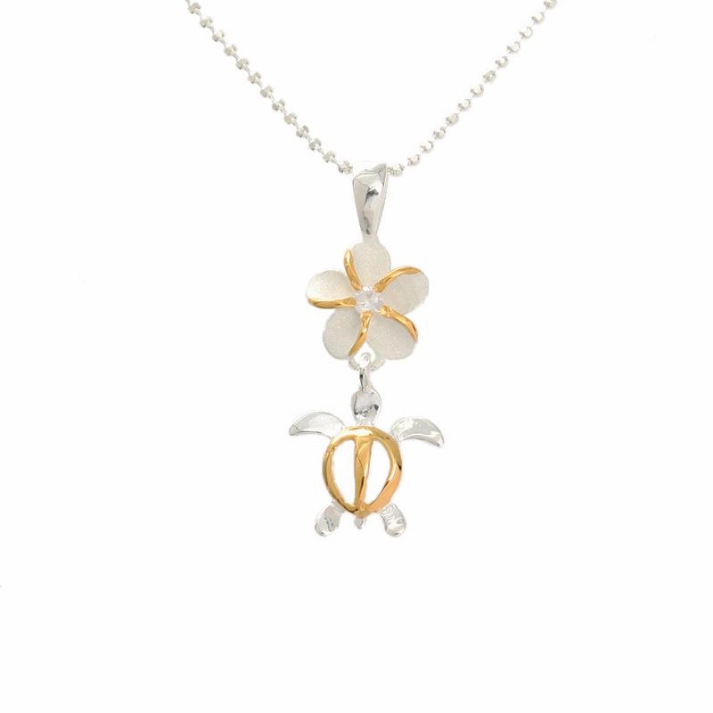 Sterling Silver Two Tone Yellow Gold Plated 8mm Plumeria with CZ and Honu (Turtle) Pendant (Chain Sold Separately)