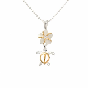 Sterling Silver Two Tone Yellow Gold Plated 8mm Plumeria with CZ and Honu (Turtle) Pendant (Chain Sold Separately)