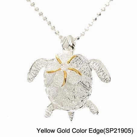 Sterling Silver Two Tone Yellow Gold Plated 8mm Plumeria with CZ on Honu (Turtle) Sandblast Finish Pendant (Chain Sold Separately)
