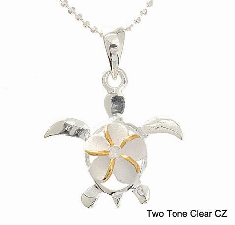 Sterling Silver Two Tone Yellow Gold Plated 8mm Plumeria with Pink CZ in Honu (Turtle) Pendant (Chain Sold Separately)