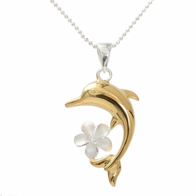 Sterling Silver Two Tone Yellow Gold Plated Dolphin and Plumeria with CZ Pendant (Chain Sold Separately)