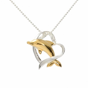Sterling Silver Two Tone Yellow Gold Plated Dolphin in Heart Pendant (Chain Sold Separately)