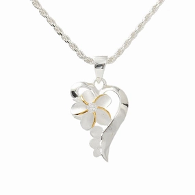 Sterling Silver Two Tone Yellow Gold Plated Half Heart and Plumeria with CZ Pendant (Chain Sold Separately)
