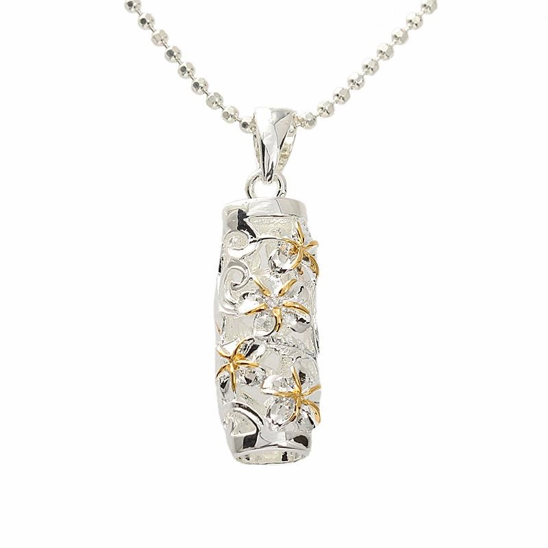 Sterling Silver Two Tone Yellow Gold Plated Hawaiian Scroll Plumeria Tube Pendant (Chain Sold Separately)