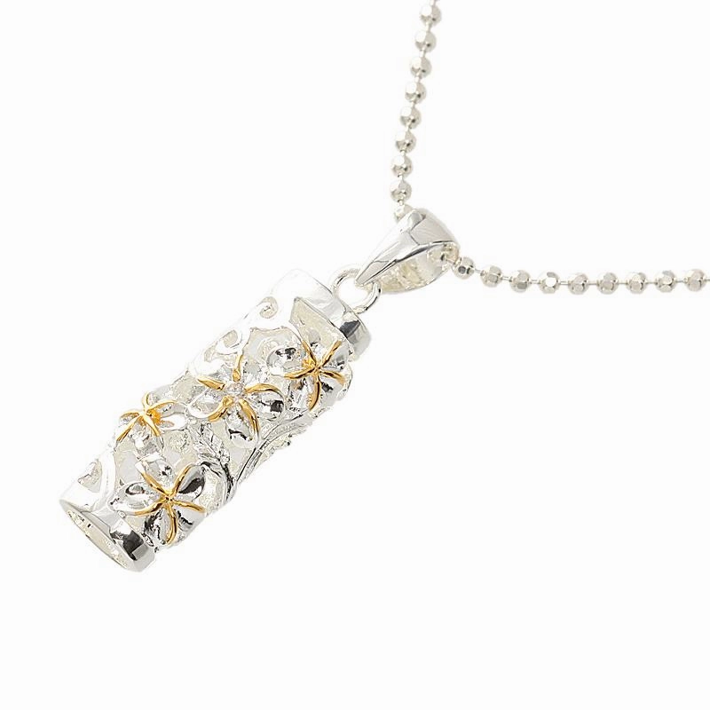 Sterling Silver Two Tone Yellow Gold Plated Hawaiian Scroll Plumeria Tube Pendant (Chain Sold Separately)