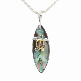 Sterling Silver Two Tone Yellow Gold Plated Honu (Turtle) and Abalone Shell Surfboard Pendant (Chain Sold Separately)