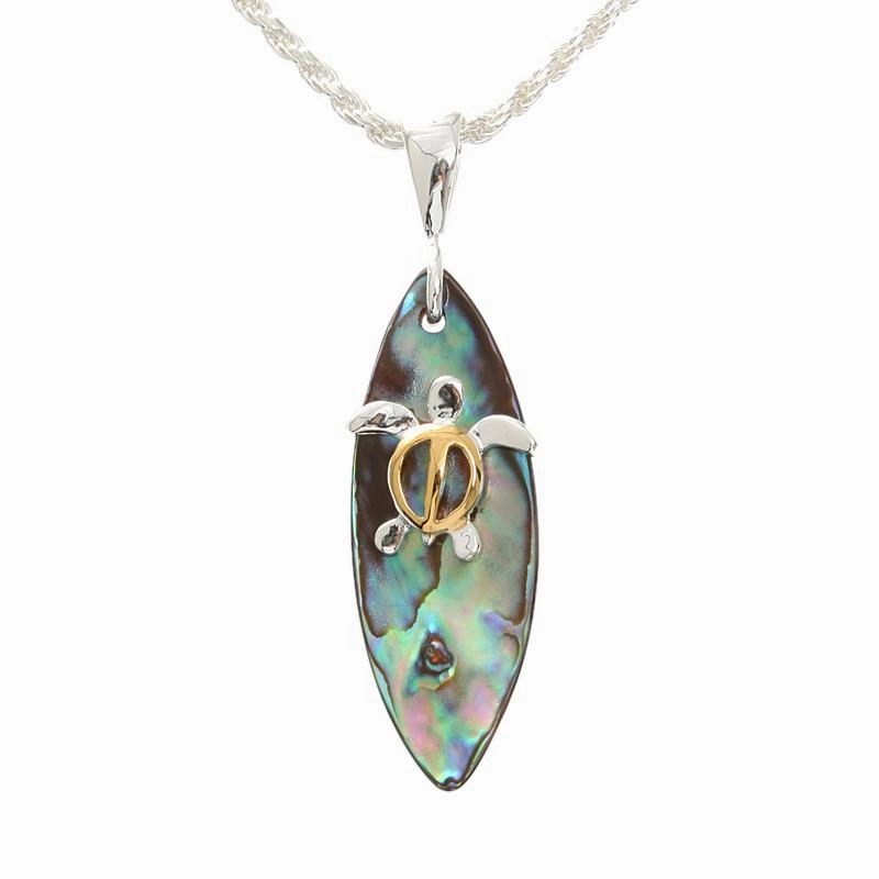 Sterling Silver Two Tone Yellow Gold Plated Honu (Turtle) and Abalone Shell Surfboard Pendant (Chain Sold Separately)
