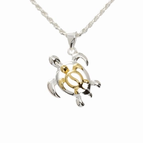 Sterling Silver Two Tone Yellow Gold Plated Left Side Double Honu (Turtle) Pendant (Chain Sold Separately)