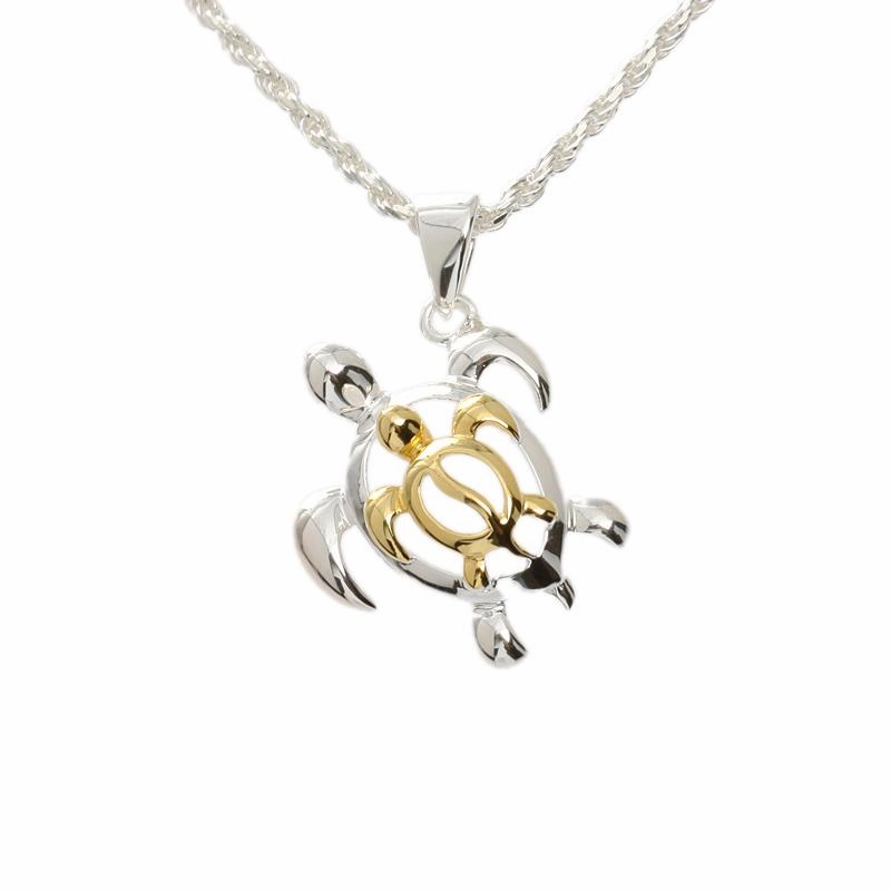 Sterling Silver Two Tone Yellow Gold Plated Left Side Double Honu (Turtle) Pendant (Chain Sold Separately)