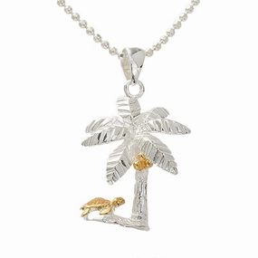 Sterling Silver Two Tone Yellow Gold Plated Palm Tree and Honu (Turtle) Pendant (Chain Sold Separately)