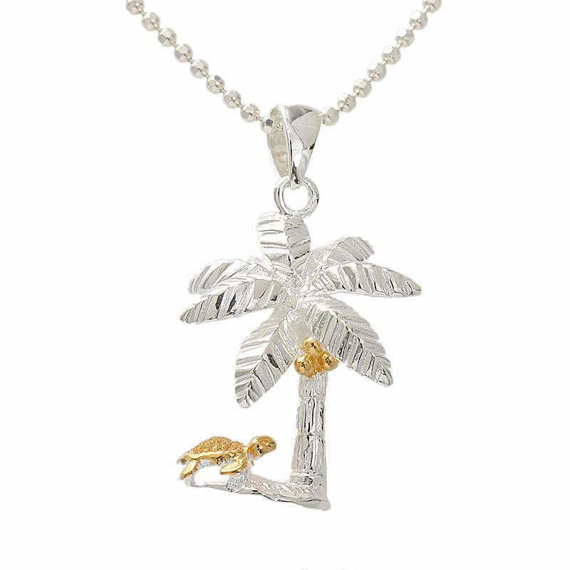 Sterling Silver Two Tone Yellow Gold Plated Palm Tree and Honu (Turtle) Pendant (Chain Sold Separately)