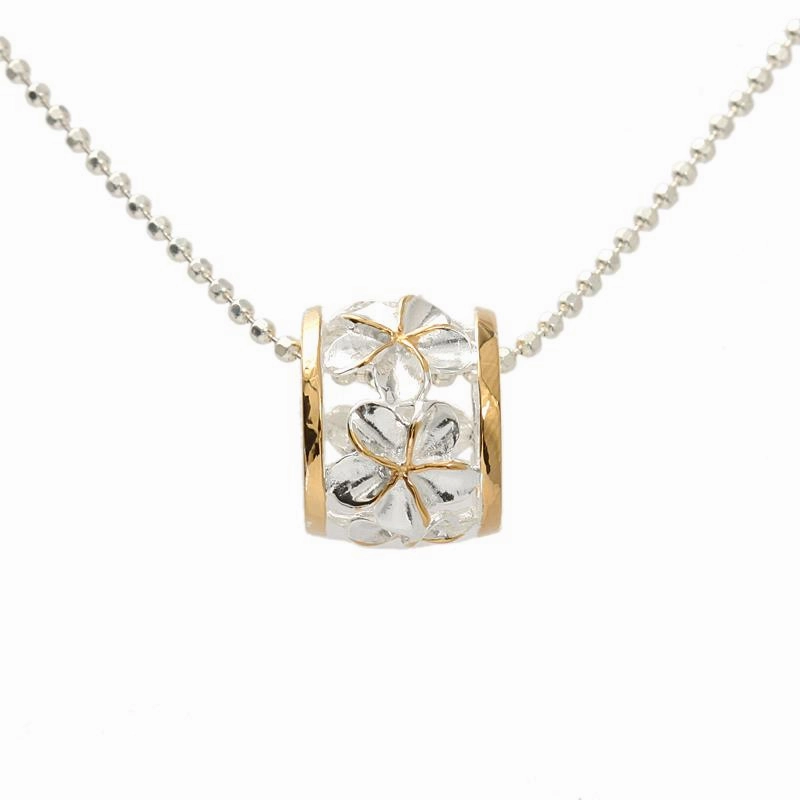 Sterling Silver Two Tone Yellow Gold Plated Plumeria Barrel Pendant (Chain Sold Separately)
