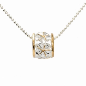Sterling Silver Two Tone Yellow Gold Plated Plumeria Barrel Pendant (Chain Sold Separately)