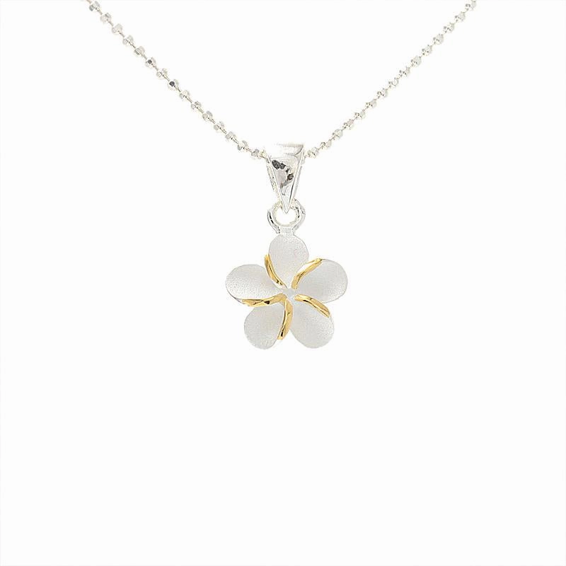 Sterling Silver Two Tone Yellow Gold Plated Plumeria Pendant (XS/S) (Chain Sold Separately)