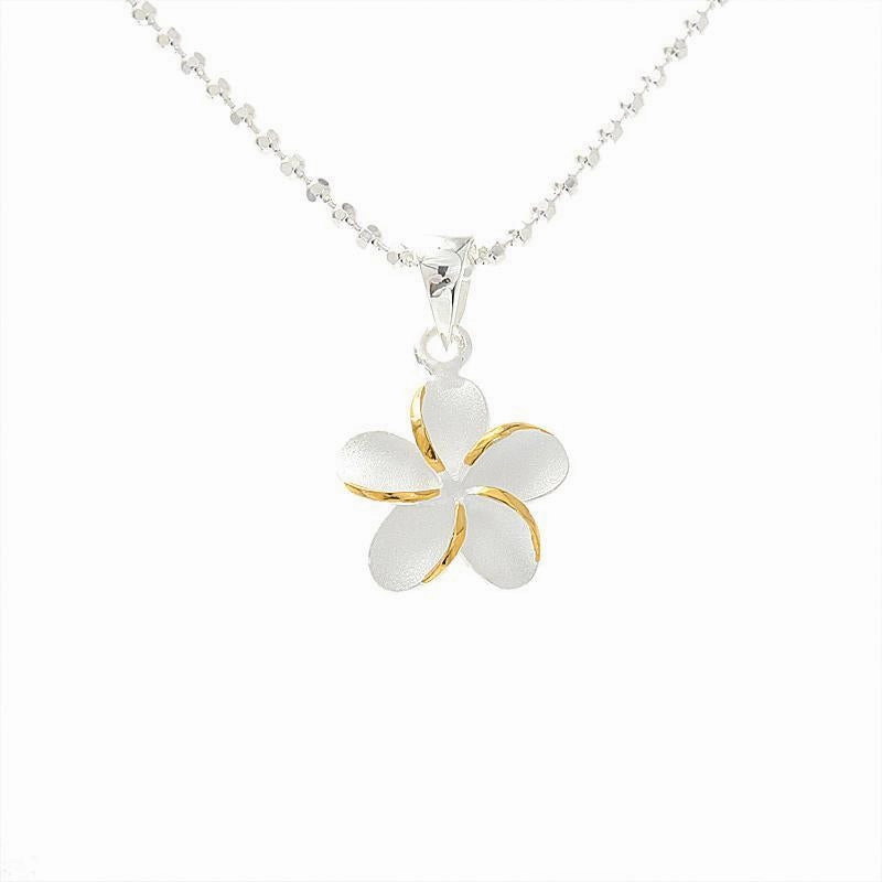 Sterling Silver Two Tone Yellow Gold Plated Plumeria Pendant (XS/S) (Chain Sold Separately)