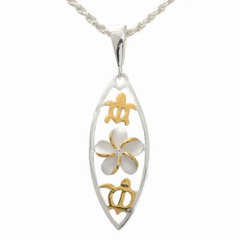 Sterling Silver Two Tone Yellow Gold Plated Plumeria with CZ and 2 Honu (Turtle) Surfboard Pendant (Chain Sold Separately)
