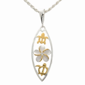 Sterling Silver Two Tone Yellow Gold Plated Plumeria with CZ and 2 Honu (Turtle) Surfboard Pendant (Chain Sold Separately)