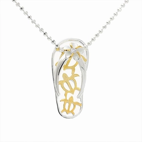 Sterling Silver Two Tone Yellow Gold Plated Plumeria with CZ and 3 Honu (Hawaiian Turtle) Slipper Pendant (Chain Sold Separately)