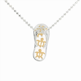 Sterling Silver Two Tone Yellow Gold Plated Plumeria with CZ and 3 Honu (Turtle) Slipper Pendant (Chain Sold Separately)