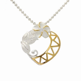 Sterling Silver Two Tone Yellow Gold Plated Plumeria with CZ and Leaf Heart Pendant (Chain Sold Separately)