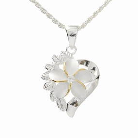 Sterling Silver Two Tone Yellow Gold Plated Plumeria with CZ and Leaf Heart Pendant (Chain Sold Separately)