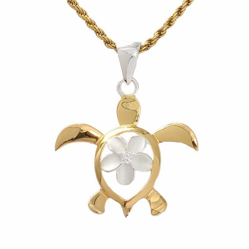 Sterling Silver Two Tone Yellow Gold Plated Plumeria with CZ in Honu (Turtle) Pendant (M/L) (Chain Sold Separately)