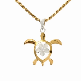 Sterling Silver Two Tone Yellow Gold Plated Plumeria with CZ in Honu (Turtle) Pendant (M/L) (Chain Sold Separately)