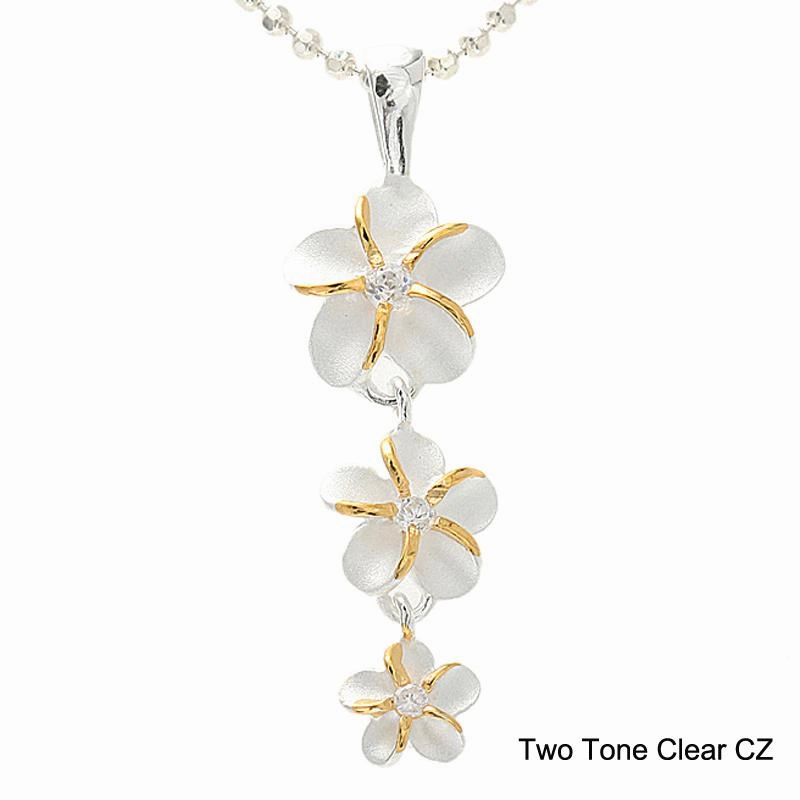 Sterling Silver Two Tone Yellow Gold Plated Plumeria with CZ Pendant (S/M) (Chain Sold Separately)
