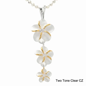 Sterling Silver Two Tone Yellow Gold Plated Plumeria with CZ Pendant (S/M) (Chain Sold Separately)