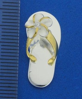 Sterling Silver Two Tone Yellow Gold Plated Plumeria with CZ Plain Slipper Pendant (Chain Sold Separately)