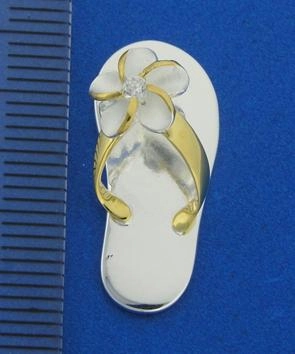 Sterling Silver Two Tone Yellow Gold Plated Plumeria with CZ Plain Slipper Pendant (Chain Sold Separately)