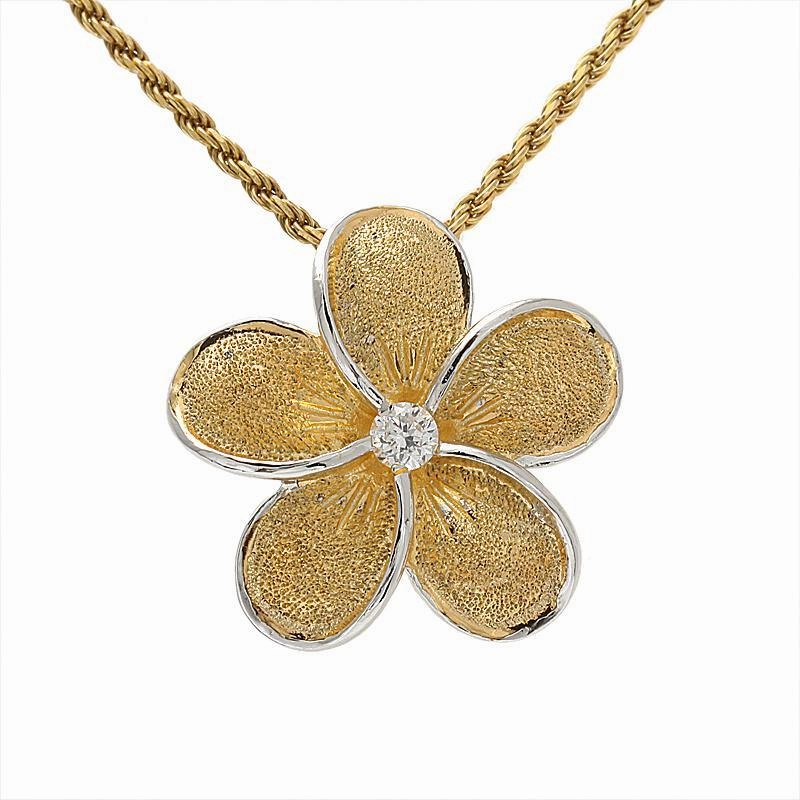 Sterling Silver Two Tone Yellow Gold Raised Plumeria with CZ Sandblast Finish Pendant (S/M/L) (Chain Sold Separately)