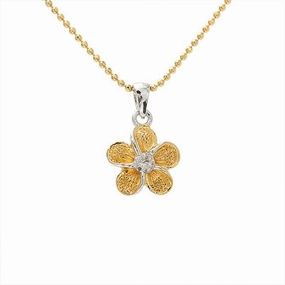 Sterling Silver Two Tone Yellow Gold Raised Plumeria with CZ Sandblast Finish Pendant (S/M/L) (Chain Sold Separately)