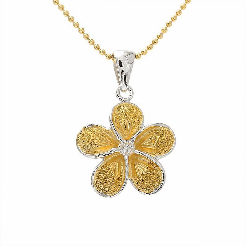 Sterling Silver Two Tone Yellow Gold Raised Plumeria with CZ Sandblast Finish Pendant (S/M/L) (Chain Sold Separately)