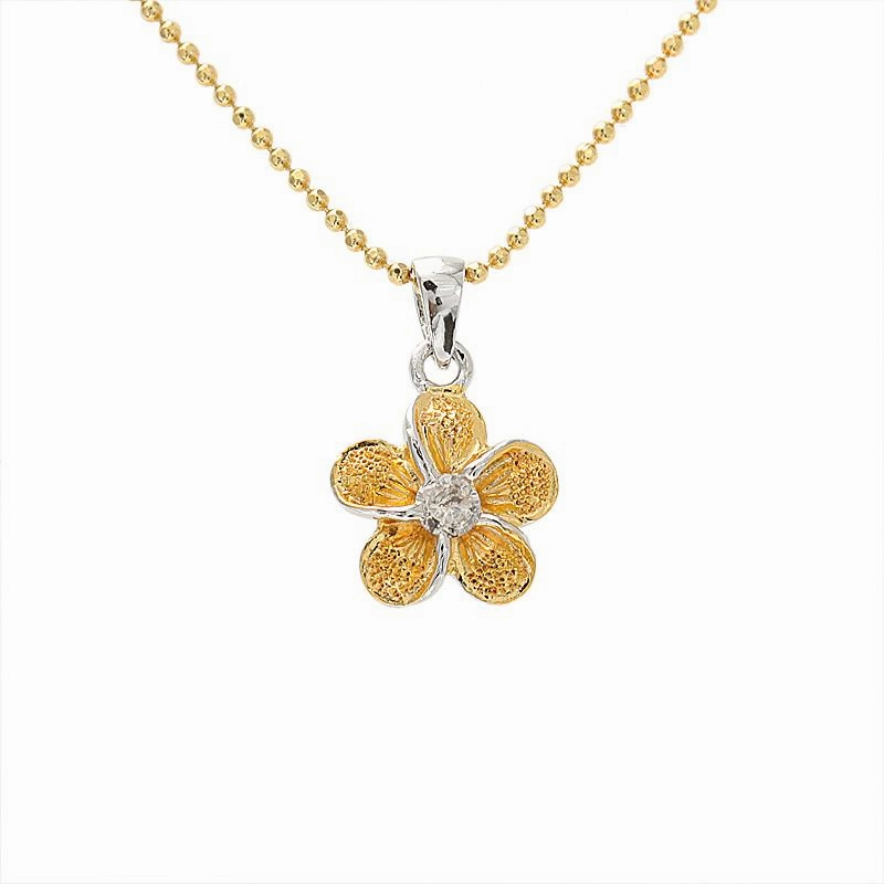 Sterling Silver Two Tone Yellow Gold Raised Plumeria with CZ Sandblast Finish Pendant (S/M/L) (Chain Sold Separately)