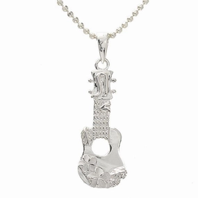 Sterling Silver Ukulele with 2 Plumeria Pendant (Chain Sold Separately)