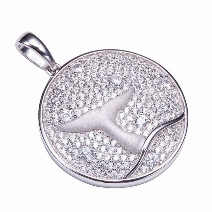 Sterling Silver Whale Tail in Circle Pave CZ Pendant (Chain Sold Separately)